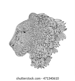 abstract tiger head in side left view  with zentangle style
