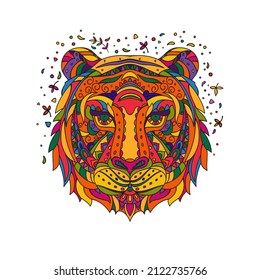 Abstract Tiger head. Vector coloring page in doodle style isolated  on a white background.
