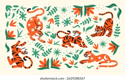 Abstract Tiger Pattern with Tropical Leaves. Modern Jungle Tigers and Botanical Elements. Stylized Tiger Illustration with Flowers 