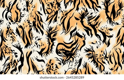 Abstract tiger print pattern featuring bold black stripes on warm orange and beige background. Perfect for fashion, animal-themed designs, textiles, and creative surface design projects.