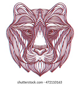 Abstract tiger. Stylized wild cat. African animals. Predator. Portrait of a leopard. The head of a tiger. Decorative. Line art. Black and white drawing by hand.