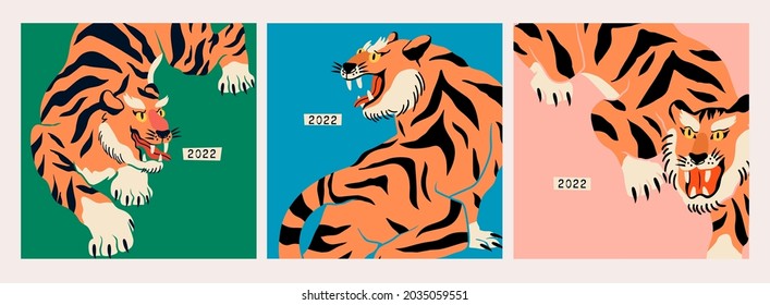 Abstract Tigers. Japanese or Chinese oriental style. Set of three Hand drawn colored Vector illustrations. Print, logo, card, calendar, poster template. Symbol of 2022 new year