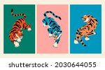 Abstract Tigers. Tiger walk. Japanese or Chinese oriental style. Set of three Hand drawn colored Vector illustrations. Print, logo, poster template, tattoo idea. Symbol of 2022 new year