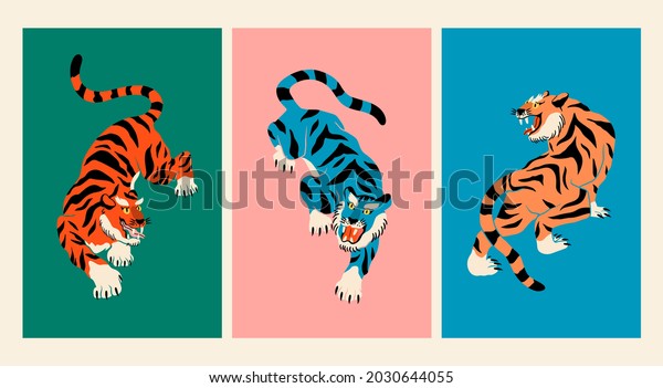 Abstract\
Tigers. Tiger walk. Japanese or Chinese oriental style. Set of\
three Hand drawn colored Vector illustrations. Print, logo, poster\
template, tattoo idea. Symbol of 2022 new\
year