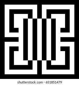 Abstract tile with black white striped squares, straight lines and shape in center. Figurative element, geometric pattern in op art style. Vector background, texture with optical illusion effect.