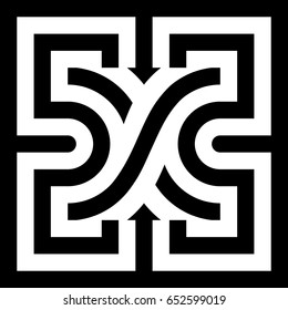 Abstract tile with black white striped squares, straight lines and shape in center. Figurative element, geometric pattern in op art style. Vector background, texture with optical illusion effect.