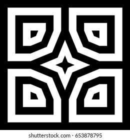 Abstract tile with black white striped squares, straight lines and shape in center. Figurative element, geometric pattern in op art style. Vector background, texture with optical illusion effect.