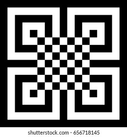 Abstract tile with black white striped squares, straight lines and shape in center. Figurative element, geometric pattern in op art style. Vector background, texture with optical illusion effect.