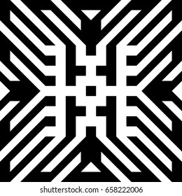 Abstract tile with black white striped diagonal lines and geometric shape in center. Figurative element, futuristic pattern in op art style. Vector background, texture with optical illusion effect.