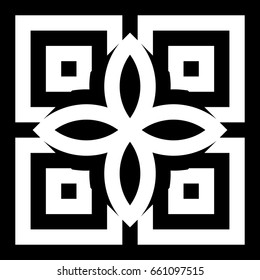 Abstract tile with black white striped squares, straight lines and shape in center. Figurative element, geometric pattern in op art style. Vector background, texture with optical illusion effect.