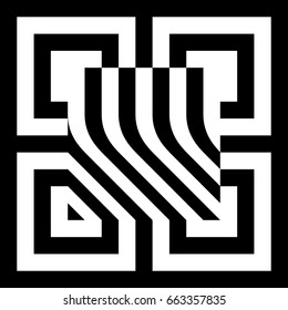 Abstract tile with black white striped squares, straight lines and shape in center. Figurative element, geometric pattern in op art style. Vector background, texture with optical illusion effect.