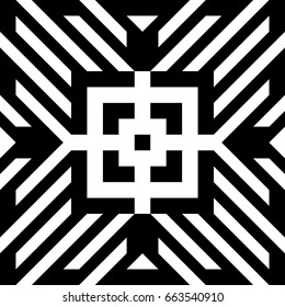 Abstract tile with black white striped diagonal lines and geometric shape in center. Figurative element, futuristic pattern in op art style. Vector background, texture with optical illusion effect.