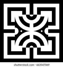 Abstract tile with black white striped squares, straight lines and shape in center. Figurative element, geometric pattern in op art style. Vector background, texture with optical illusion effect.