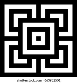 Abstract tile with black white striped squares, straight lines and shape in center. Figurative element, geometric pattern in op art style. Vector background, texture with optical illusion effect.