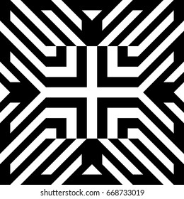 Abstract tile with black white striped diagonal lines and geometric shape in center. Figurative element, futuristic pattern in op art style. Vector background, texture with optical illusion effect.