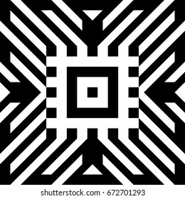 Abstract tile with black white striped diagonal lines and geometric shape in center. Figurative element, futuristic pattern in op art style. Vector background, texture with optical illusion effect.