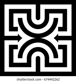 Abstract tile with black white striped squares, straight lines and shape in center. Figurative element, geometric pattern in op art style. Vector background, texture with optical illusion effect.