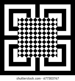 Abstract tile with black white striped squares, straight lines and shape in center. Figurative element, geometric pattern in op art style. Vector background, texture with optical illusion effect.