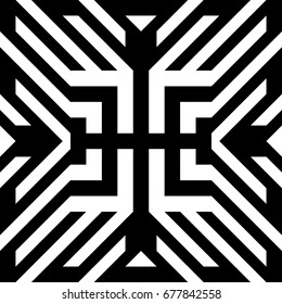 Abstract tile with black white striped diagonal lines and geometric shape in center. Figurative element, futuristic pattern in op art style. Vector background, texture with optical illusion effect.