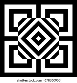 Abstract tile with black white striped squares, straight lines and shape in center. Figurative element, geometric pattern in op art style. Vector background, texture with optical illusion effect.