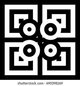 Abstract tile with black white striped squares, straight lines and shape in center. Figurative element, geometric pattern in op art style. Vector background, texture with optical illusion effect.