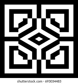 Abstract tile with black white striped squares, straight lines and shape in center. Figurative element, geometric pattern in op art style. Vector background, texture with optical illusion effect.