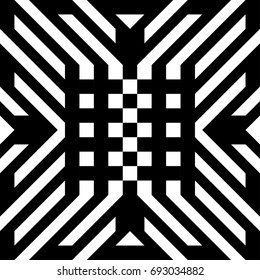 Abstract tile with black white striped diagonal lines and geometric shape in center. Figurative element, futuristic pattern in op art style. Vector background, texture with optical illusion effect.