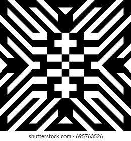 Abstract tile with black white striped diagonal lines and geometric shape in center. Figurative element, futuristic pattern in op art style. Vector background, texture with optical illusion effect.