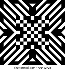 Abstract tile with black white striped diagonal lines and geometric shape in center. Figurative element, futuristic pattern in op art style. Vector background, texture with optical illusion effect.