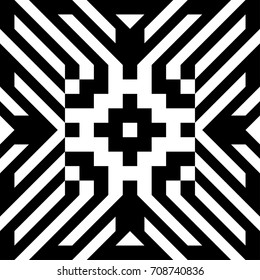 Abstract tile with black white striped diagonal lines and geometric shape in center. Figurative element, futuristic pattern in op art style. Vector background, texture with optical illusion effect.