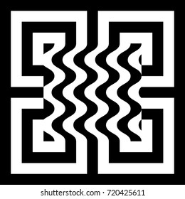 Abstract tile with black white striped squares, straight lines and shape in center. Figurative element, geometric pattern in op art style. Vector background, texture with optical illusion effect.