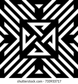 Abstract tile with black white striped diagonal lines and geometric shape in center. Figurative element, futuristic pattern in op art style. Vector background, texture with optical illusion effect.