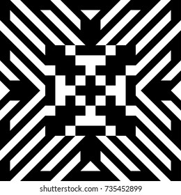 Abstract tile with black white striped diagonal lines and geometric shape in center. Figurative element, futuristic pattern in op art style. Vector background, texture with optical illusion effect.