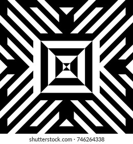 Abstract tile with black white striped diagonal lines and geometric shape in center. Figurative element, futuristic pattern in op art style. Vector background, texture with optical illusion effect.