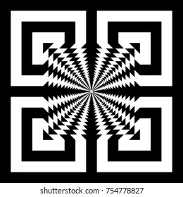 Abstract tile with black white striped squares, straight lines and shape in center. Figurative element, geometric pattern in op art style. Vector background, texture with optical illusion effect.