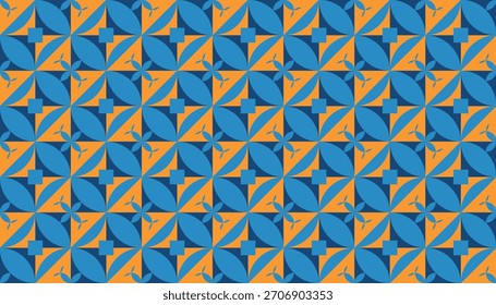 An abstract tile design composed of curved petals and diamond motifs repeating across the surface. The vibrant combination of orange and blue gives the pattern a dynamic, energetic look