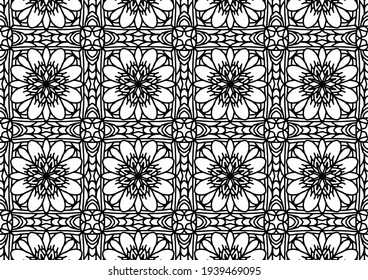 abstract tile with drawn folk style floral ornaments on a white background for coloring, vector