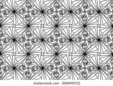 Abstract tile with figures and flowers in folk style on a white background for coloring, vector