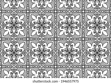 abstract tile with flowers drawn in folk style on a white background for coloring, vector