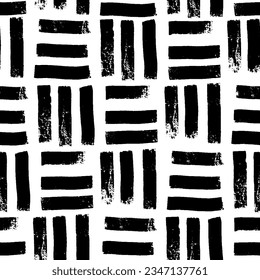 Abstract tile geometric seanless pattern with gringe texture. Hand drawn brush strokes background with bold lines. Black and white intricate vector illustration