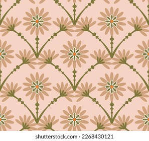 Abstract Tile Style Art Deco Flowers Seamless Pattern Vector Design Trendy Fashion Colors Perfect for Allover Fabric Print or Wrapping Paper Dirty Pink Olive Green Tones