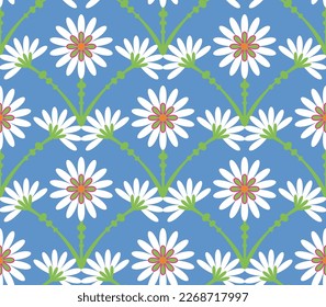 Abstract Tile Style Art Deco Flowers Seamless Pattern Vector Design Trendy Fashion Colors Perfect for Allover Fabric Print or Wrapping Paper Sky Blue Green Orange Tones