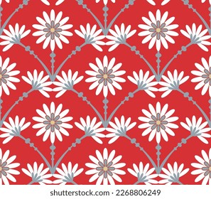 Abstract Tile Style Art Deco Flowers Seamless Pattern Vector Design Trendy Fashion Colors Perfect for Allover Fabric Print or Wrapping Paper Red Background