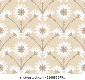 Abstract Tile Style Art Deco Flowers Seamless Pattern Vector Design Trendy Fashion Colors Perfect for Allover Fabric Print or Wrapping Paper Beige Tones