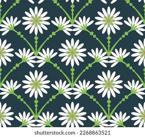 Abstract Tile Style Art Deco Flowers Seamless Pattern Vector Design Trendy Fashion Colors Perfect for Allover Fabric Print or Wrapping Paper Navy Blue Green Tones