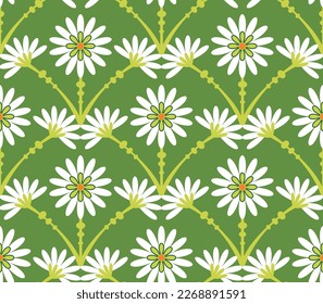Abstract Tile Style Art Deco Flowers Seamless Pattern Vector Design Trendy Fashion Colors Perfect for Allover Fabric Print or Wrapping Paper Green Tones