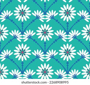 Abstract Tile Style Art Deco Flowers Seamless Pattern Vector Design Trendy Fashion Colors Perfect for Allover Fabric Print or Wrapping Paper Tiffany Blue Tones