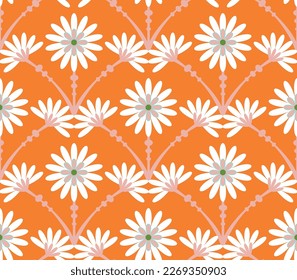Abstract Tile Style Art Deco Flowers Seamless Pattern Vector Design Trendy Fashion Colors Perfect for Allover Fabric Print or Wrapping Paper Orange Tones