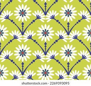 Resumen Estilo de mosaico Flores Art Deco Patrón transparente Diseño Colores de moda a la moda Perfecto para la impresión de tela de Allover o envolver papel Pistachio Tonos azules de la Marina Verde