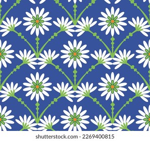 Abstract Tile Style Art Deco Flowers Seamless Pattern Vector Design Trendy Fashion Colors Perfect for Allover Fabric Print or Wrapping Paper Royal Blue Green Tones